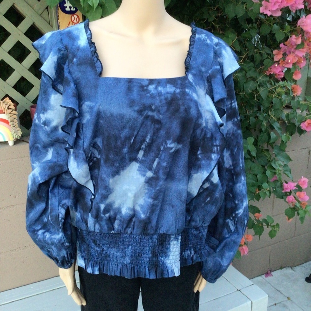 INC International Concepts Navy Tie-Dye Ruffle Blouse